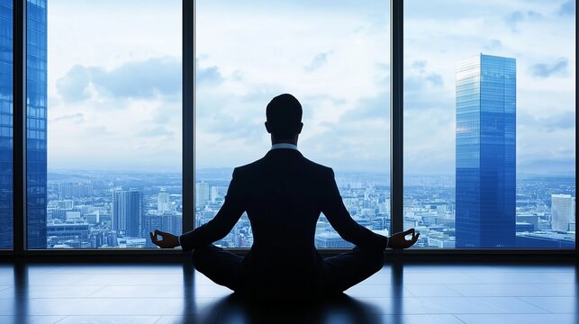 Businessman meditating in office, symbolizing stress relief and balance.
