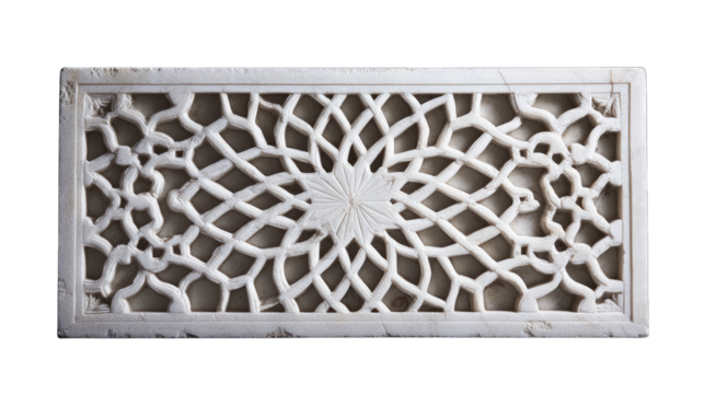 A rectangular panel of white stone with Islamic geometric patterns, against a black background,