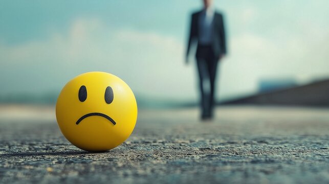 A sad emoji on a road with a blurred person in the background, symbolizing employee burnout and depression.