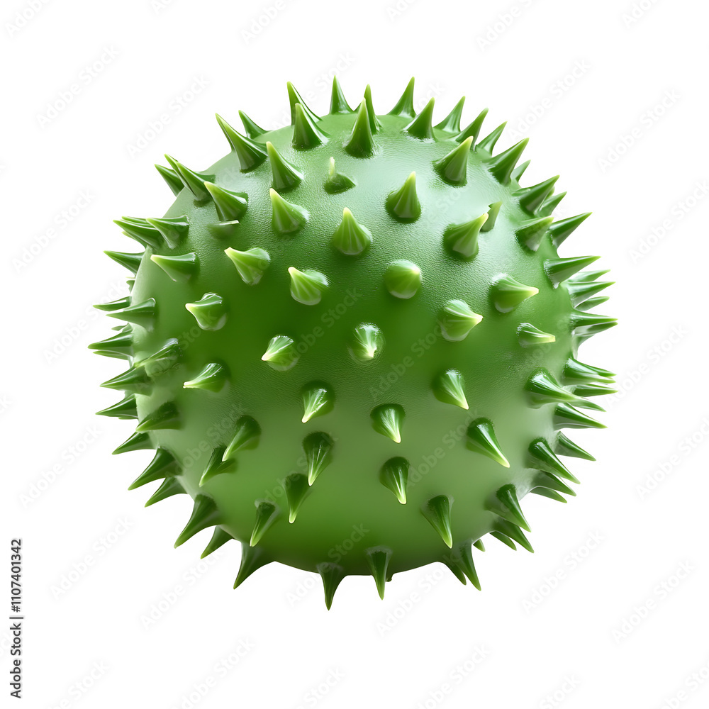 Poster 3d rendering of a rotating green spiky ball on a transparent background, ideal for scientific and medical use