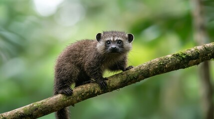 Obraz premium Binturong Perched on Thick Branch Surrounded by Lush Rainforest Vegetation in Natural Habitat