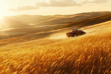 Fototapeta premium A Vintage Red Tractor Trailing Dust Through Golden Wheat Fields Under a Warm Golden Sunlight on Rolling Hills in a Serene Rural Landscape
