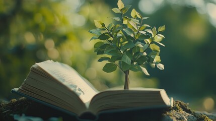 A book with a tree growing from its pages, symbolizing knowledge and nature's growth.