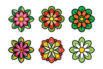 Fototapeta premium Hippy groovy daisy flowers set. Retro vintage style vector illustration