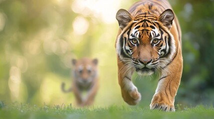 Fototapeta premium Majestic Tiger Walking with Intensity in Lush Greenery, Symbolizing Power and Grace in Nature's Heart