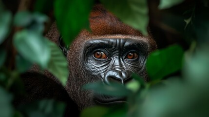 Obraz premium Majestic Western Lowland Gorilla Observing from Dense Green Foliage in Natural Habitat