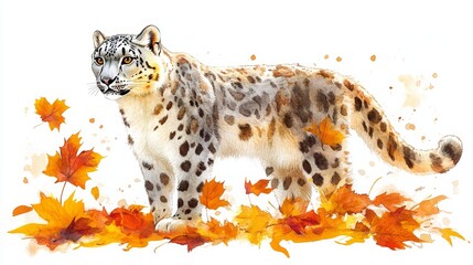 Obraz premium Snow Leopard Autumn Leaves, Watercolor Art, Wildlife Illustration, Big Cat Painting, Fall Season Animal Artwork