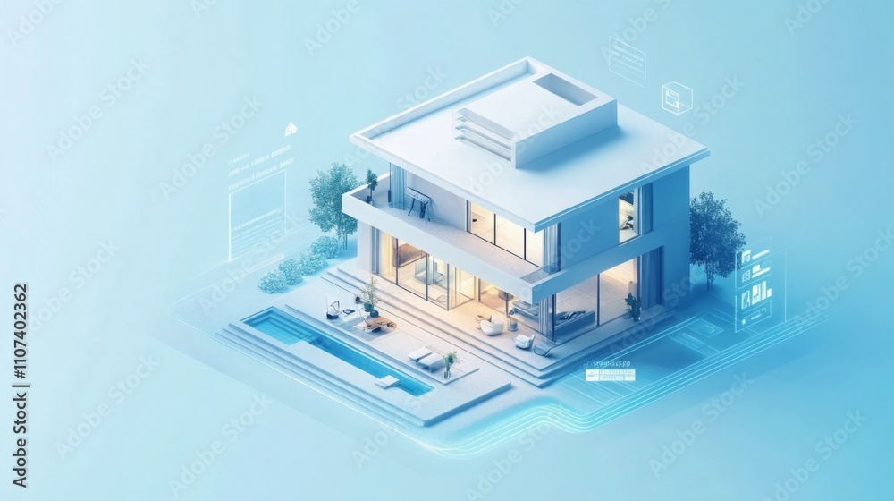 Poster a contemporary house features sleek lines and spacious interiors emphasized by digital elements.