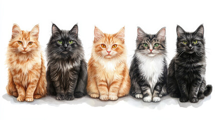 Adorable kittens and a fluffy tabby cat sit together on a white background
