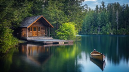 Obraz premium Secluded log cabin by calm lake with canoe.