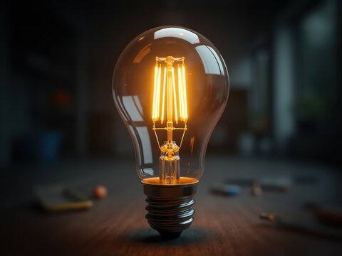Bright light bulb shining on a wooden table in a dark room