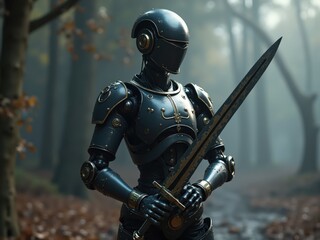 Fototapeta premium Medieval robot knight holding sword in misty forest