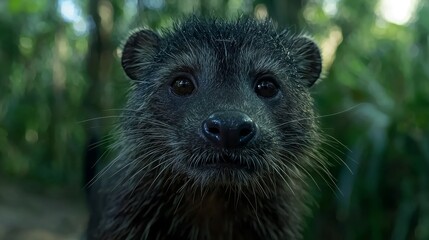 Obraz premium Close-Up Photorealistic Portrait of a Binturong in Lush Greenery Capturing Unique Features and Expressions