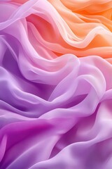 Fototapeta premium Soft, flowing layers of colorful silk fabric create a dreamy, serene atmosphere with gradients of purple and orange.