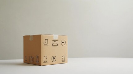 Fototapeta premium A cardboard box with icons indicating contents and handling instructions, placed on a surface.