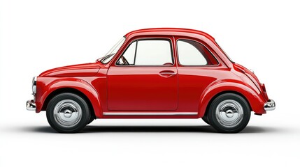 A classic red car in profile view, showcasing its vintage design and compact shape.