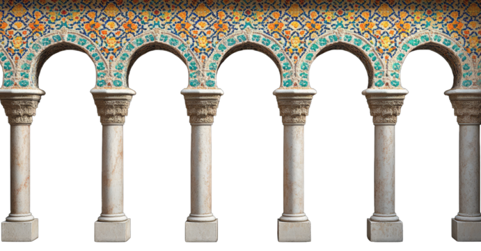 A photograph of arches and columns in the style of Islamic architecture, with Arabic mosaic tiles on the walls