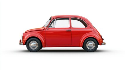 A classic red car shown from the side, highlighting its vintage design and compact form.