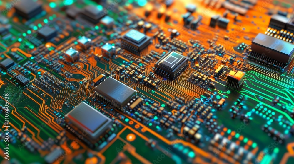 Poster futuristic technology background featuring 3d render of a printed circuit board with advanced code p