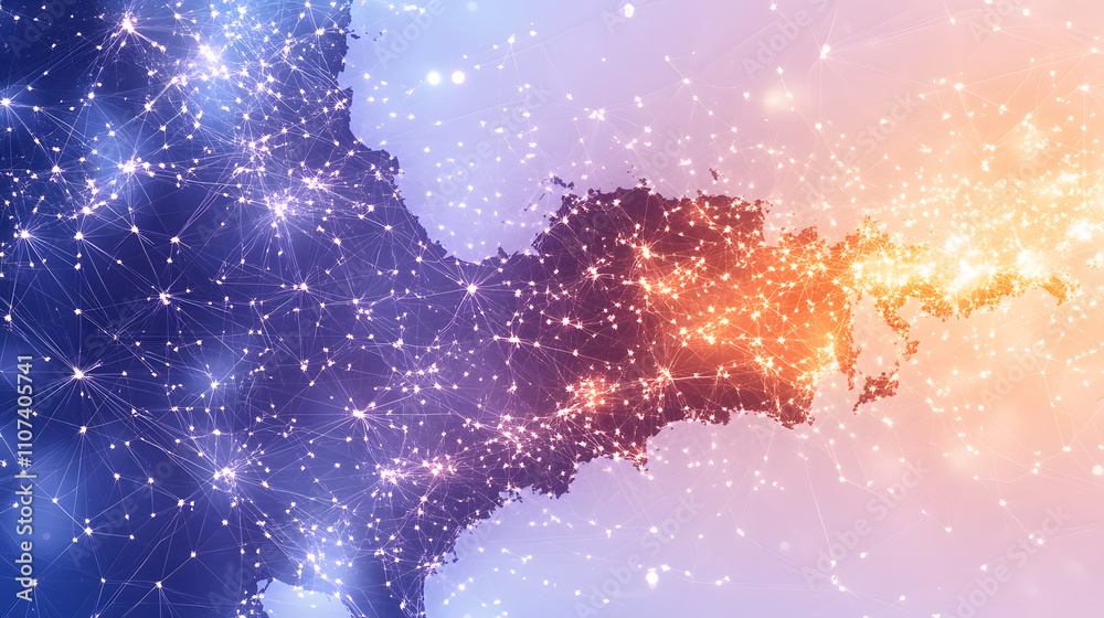 Poster a vibrant cosmic scene with swirling stars and nebulae, blending deep blues and fiery oranges, evoki