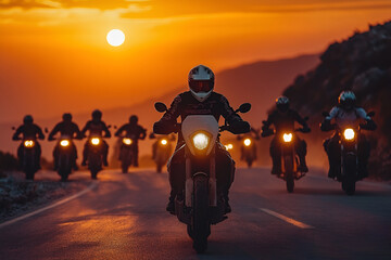 Obraz premium A group of motorcyclists rides along the road at sunset