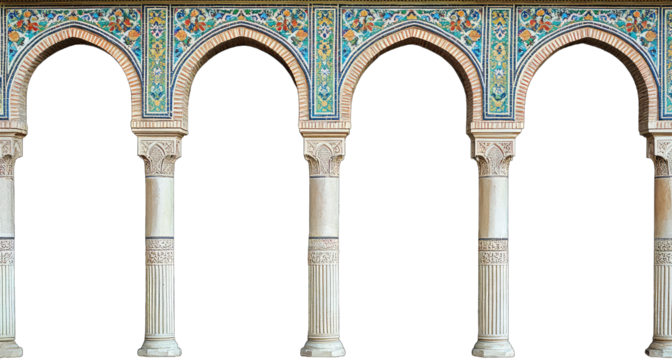A photograph of arches and columns with Islamic geometric patterns