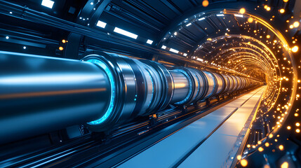 Fototapeta premium A futuristic tunnel with metallic pipes and glowing lights, suggesting advanced technology and energy flow