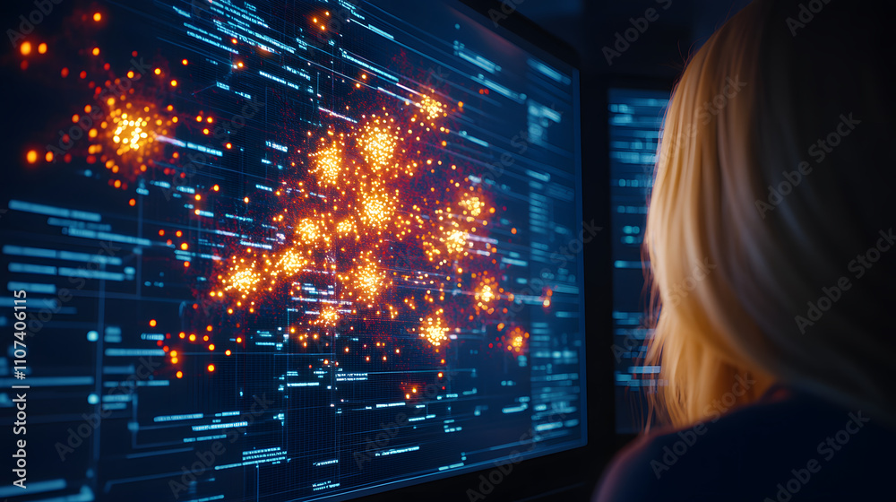 Poster A person observes a digital interface displaying vibrant data visualizations with luminous patterns, suggesting a focus on technology and data analysis