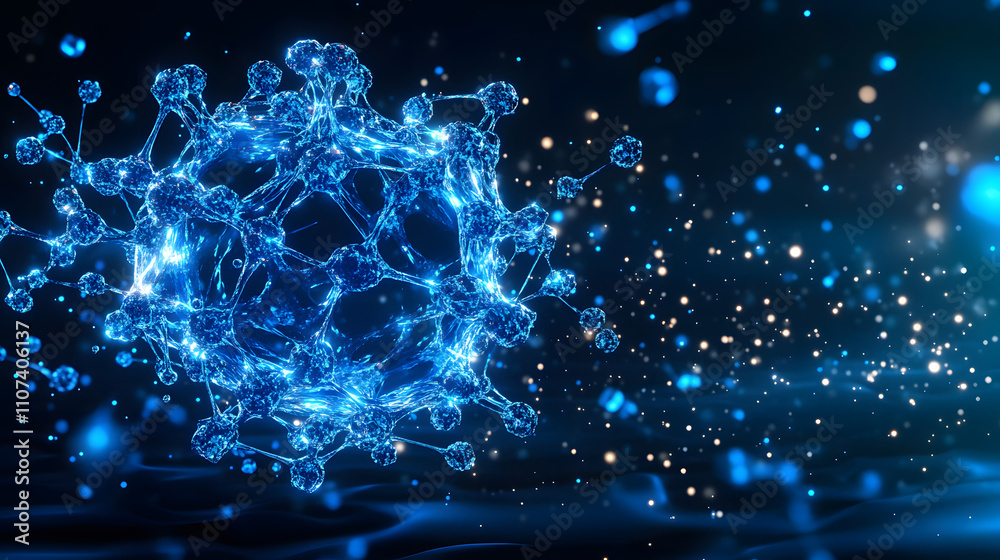 Poster a digital illustration of a blue virus structure surrounded by glowing particles, representing micro