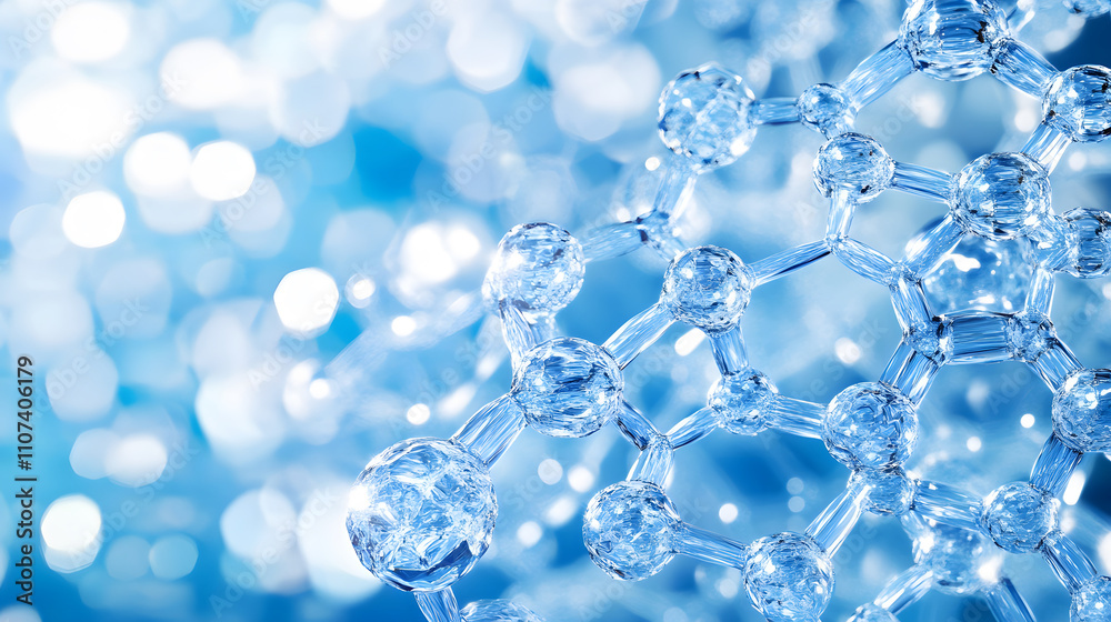 Poster a close-up of a molecular structure with shimmering blue bokeh, illustrating the beauty of science a