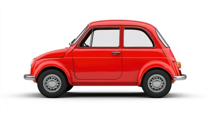 A classic red car shown in profile, highlighting its compact design and vintage appeal.