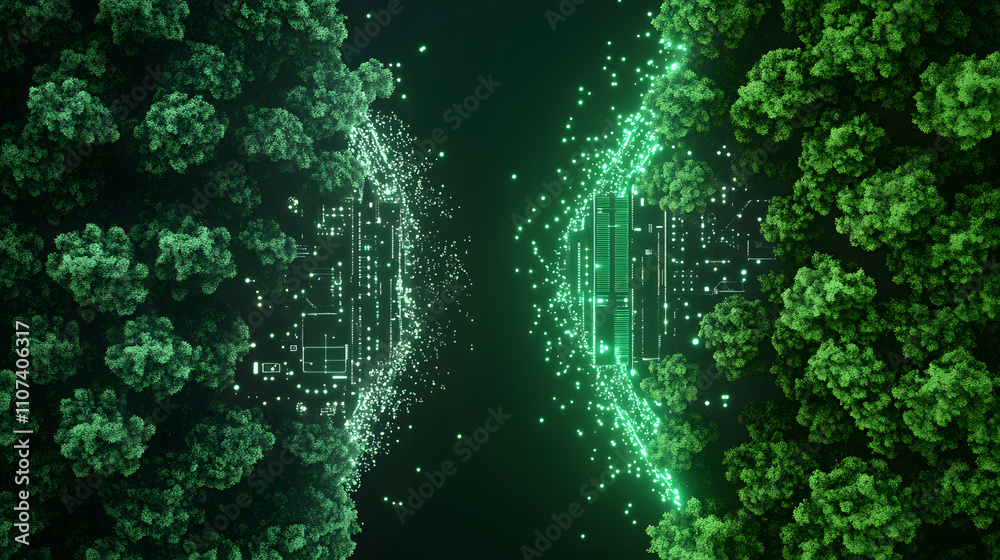 Poster a digital artwork depicting two lush green structures with sparkling particles, evoking a sense of g