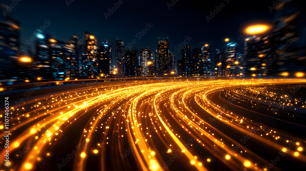 Poster a vibrant cityscape at night, showcasing glowing light trails that create a dynamic sense of motion 