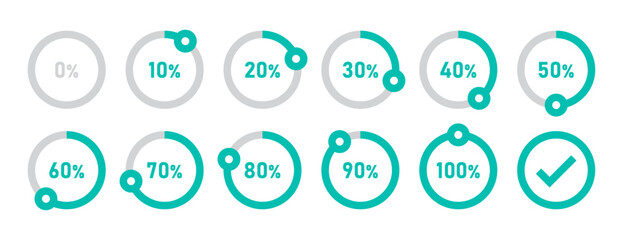 Infographic loading circles and progress circles set with 0 to 100 percent in cyan color.  Set of circle percentage diagrams for infographics 0 10 20 30 40 50 60 70 80 90 100 percent. Vector icon