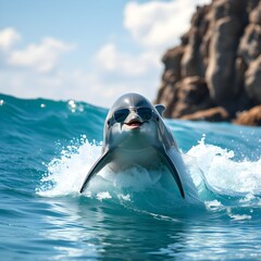 Dolphin wearing sunglasses and surfing