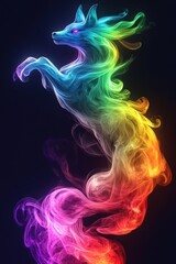 A vibrant, fantasy-inspired fox made of colorful swirls of smoke, gracefully rearing in mid-air.