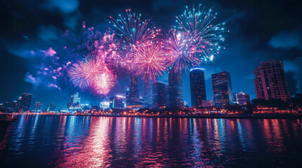 Vibrant fireworks display illuminating city skyline by night over water reflections