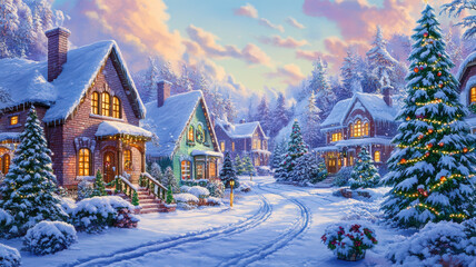 Fototapeta premium Cartoon winter scene with houses christmas trees and pastel background