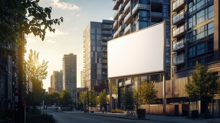 Obraz premium A large, blank advertising billboard stands prominently against the backdrop of a bustling urban cityscape.