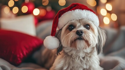 Full length of white west highland terrier wearing Christmas hat
