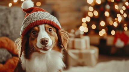 Fluffy Dog in a New Year's cap sits against the background of an apartment decorated for Christmas, cozy home