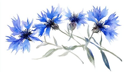 Obraz premium Blue Wildflowers Watercolor, Elegant Blue Floral Art, Delicate Nature Illustration, Botanical Painting