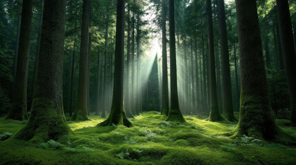Obraz premium Moss-covered forest floor with tall trees and sunlight streaming through canopy creating a serene and lush atmosphere
