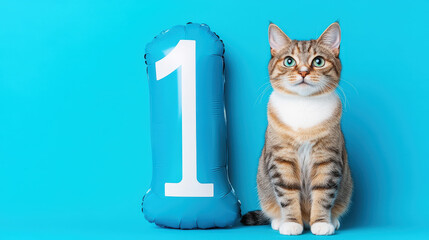 Cat sitting proudly next to a giant balloon shaped like the number "1"