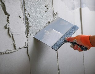 Hand is holding a spatula with construction mixture, applying plaster or tile glue to the wall.