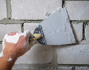 Hand is holding a spatula with construction mixture, applying plaster or tile glue to the wall.