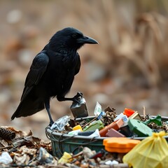Crow picking through the trash