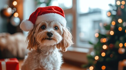 Dog near fireplace and Christmas tree, gift boxes inside of Santa Claus festive interior wooden house. New Year's cheerful mood Spirit of Christmas. Suitable for a greeting card