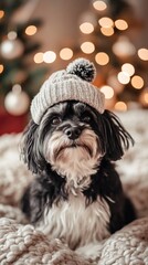 Fluffy Dog in a New Year's cap sits against the background of an apartment decorated for Christmas, cozy home