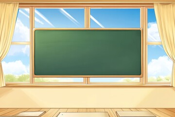 Bright and Airy Classroom Interior with Chalkboard and Large Windows Showcasing Scenic Outdoor View and Soft Natural Light Filling the Learning Space
